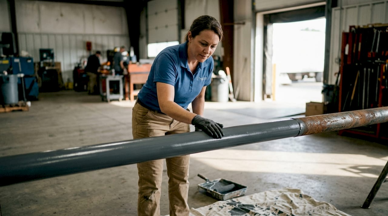 Technician inspecting freshly painted pipe