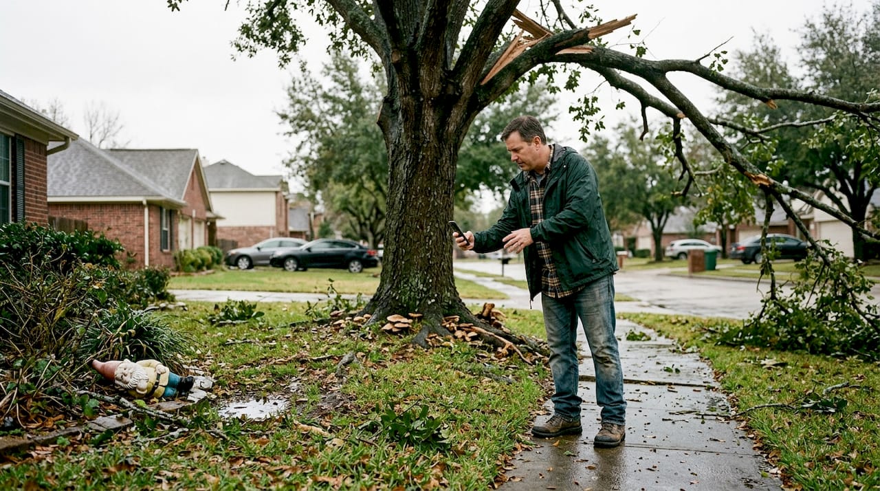 Storm-damaged laurel oak with broken limbs