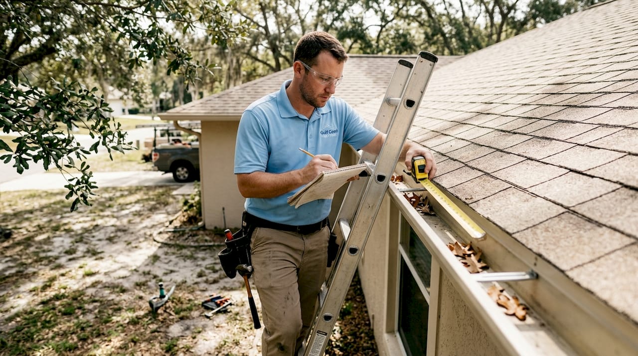 Gutter installer measures roof for upgrade