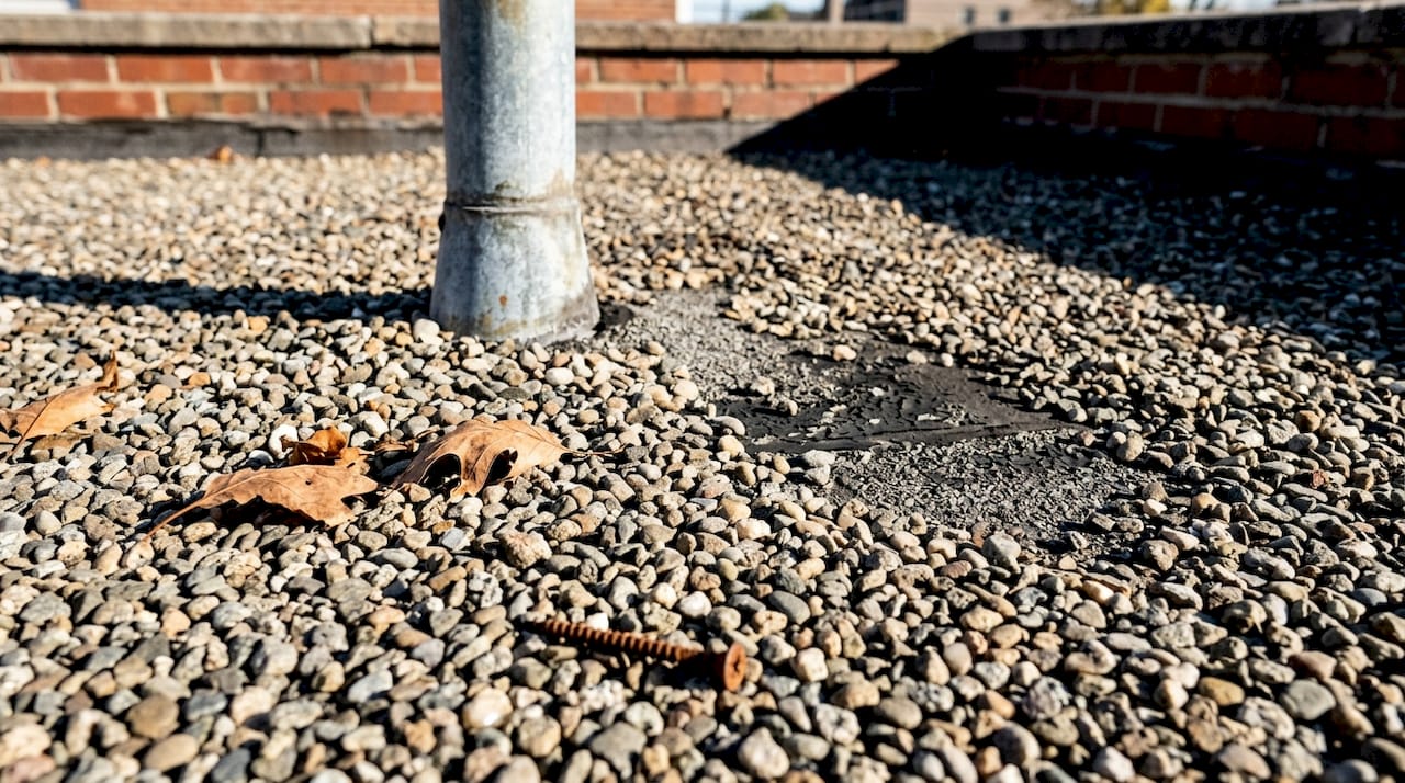 Close-up of gravel-topped built-up roof surface
