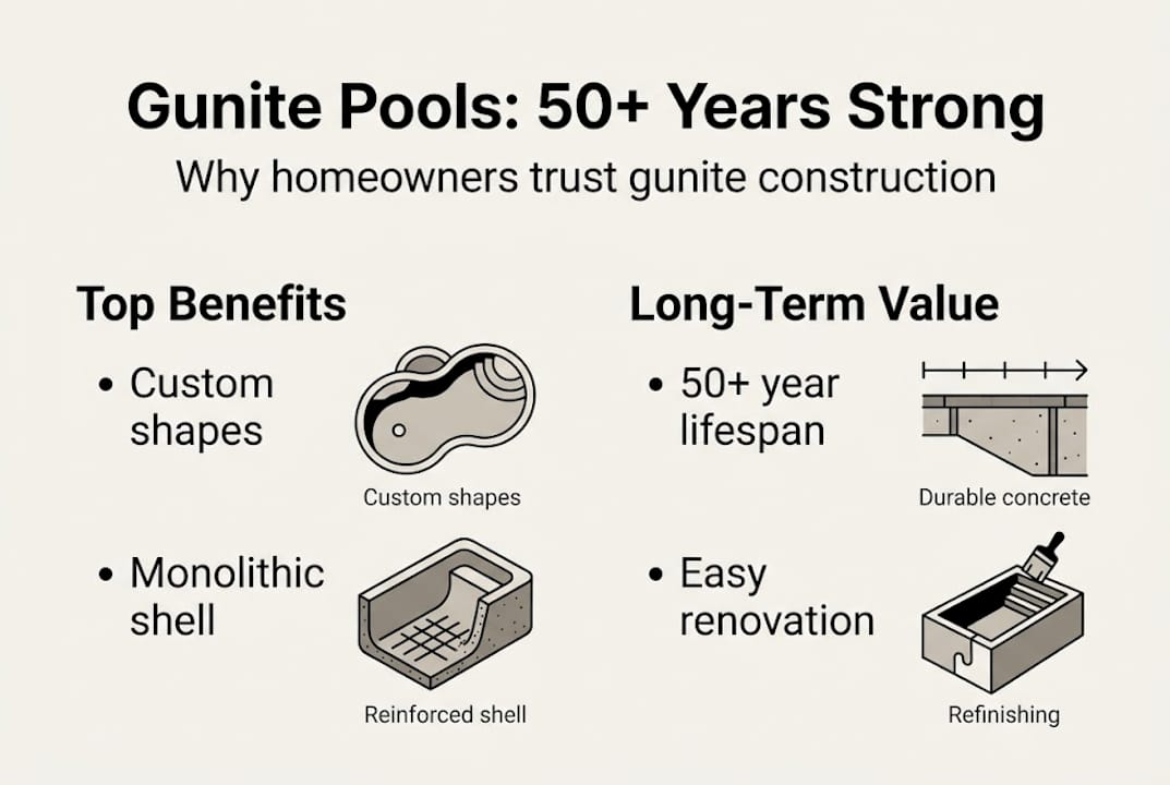 Gunite construction: custom pools built to last 50+ years 2 Infographic about gunite pool durability and benefits