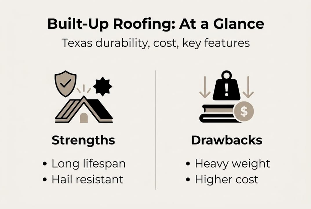 Infographic with built-up roofing strengths and drawbacks