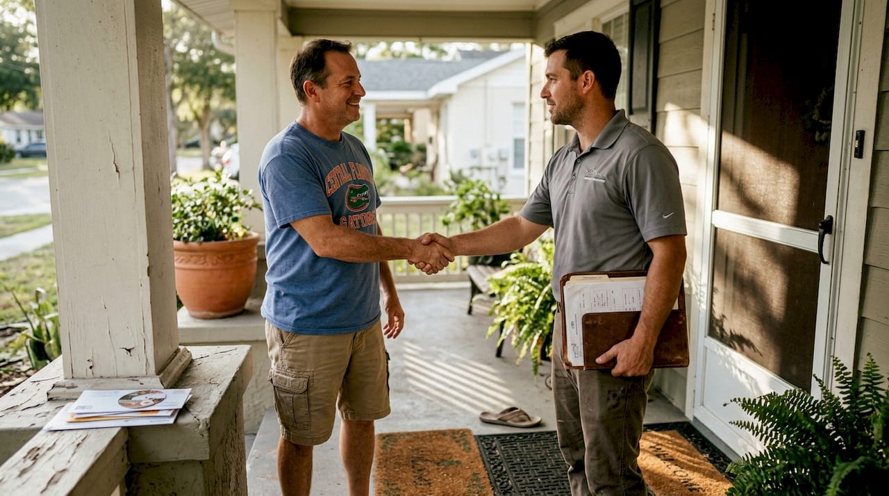 Homeowner and roofer handshake on front porch