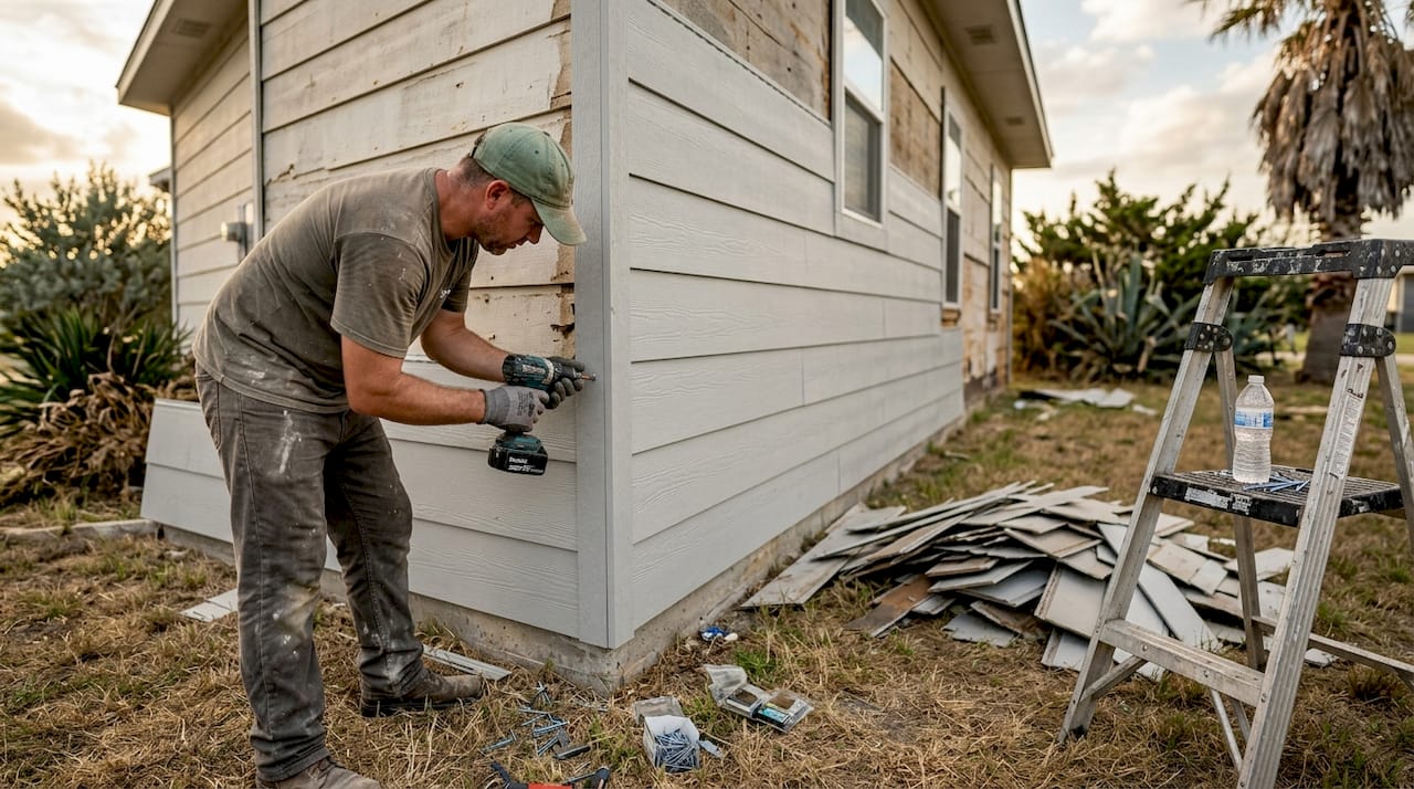 Installer securing fiber cement panels on wall