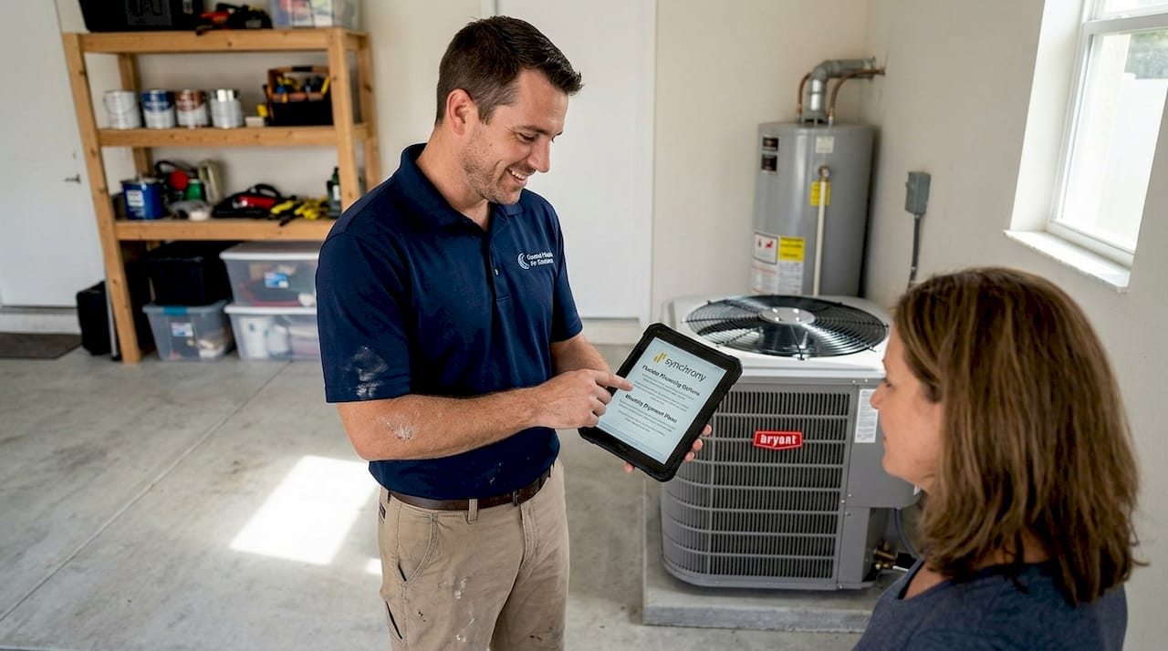 HVAC technician showing homeowner digital financing