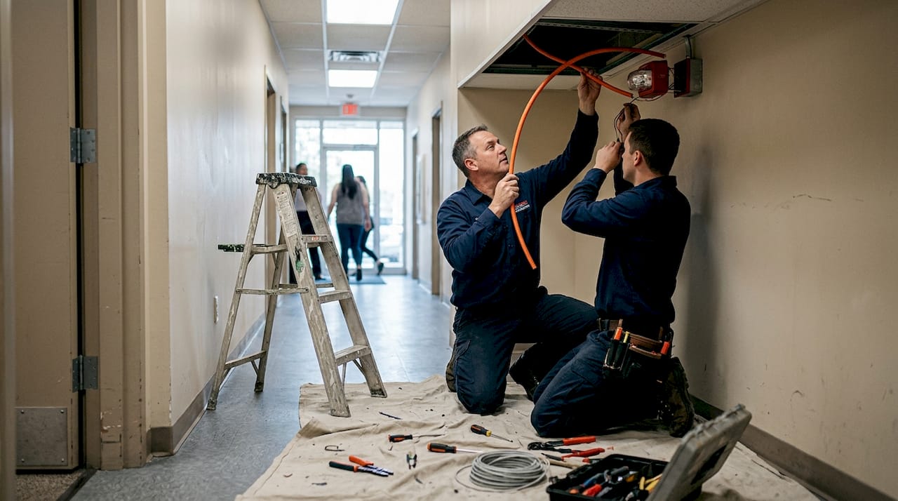 Technicians upgrade office fire alarm components