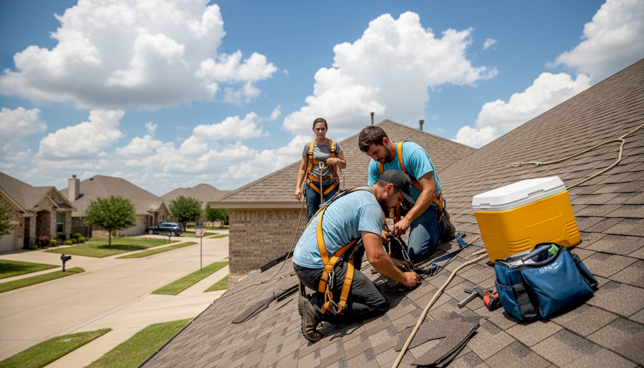 Roofing crew wearing safety harnesses on hot day