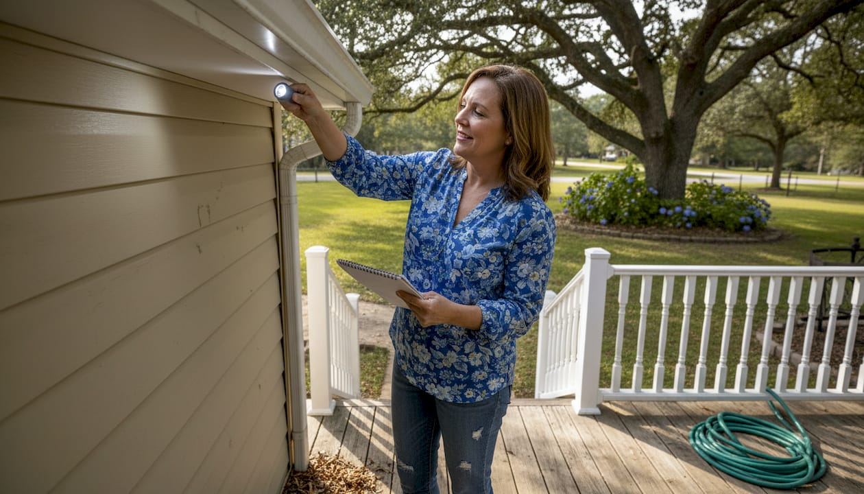 Woman checking clean gutter for maintenance