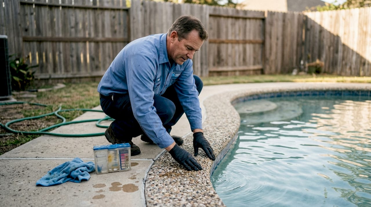 Technician inspecting pebble pool finish detail