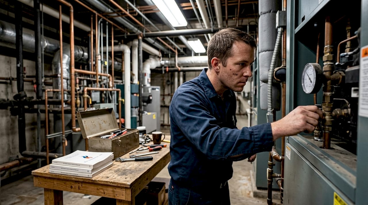 Technician adjusts heater in building mechanical room