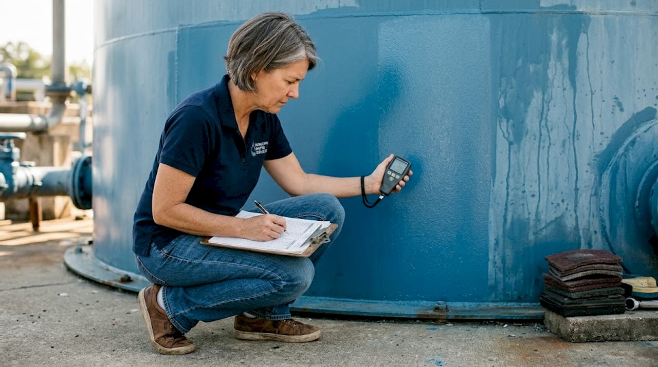 Inspector measures coated water tank thickness