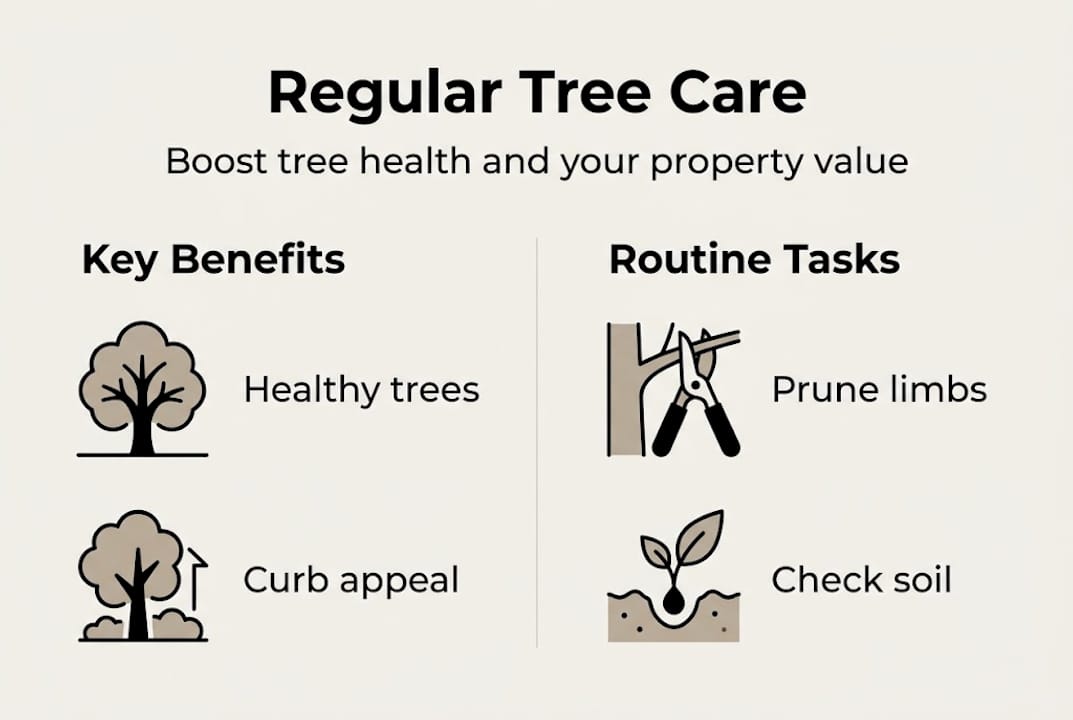 Why trees need regular care: preserve health and value 1 Infographic with tree care tasks and benefits
