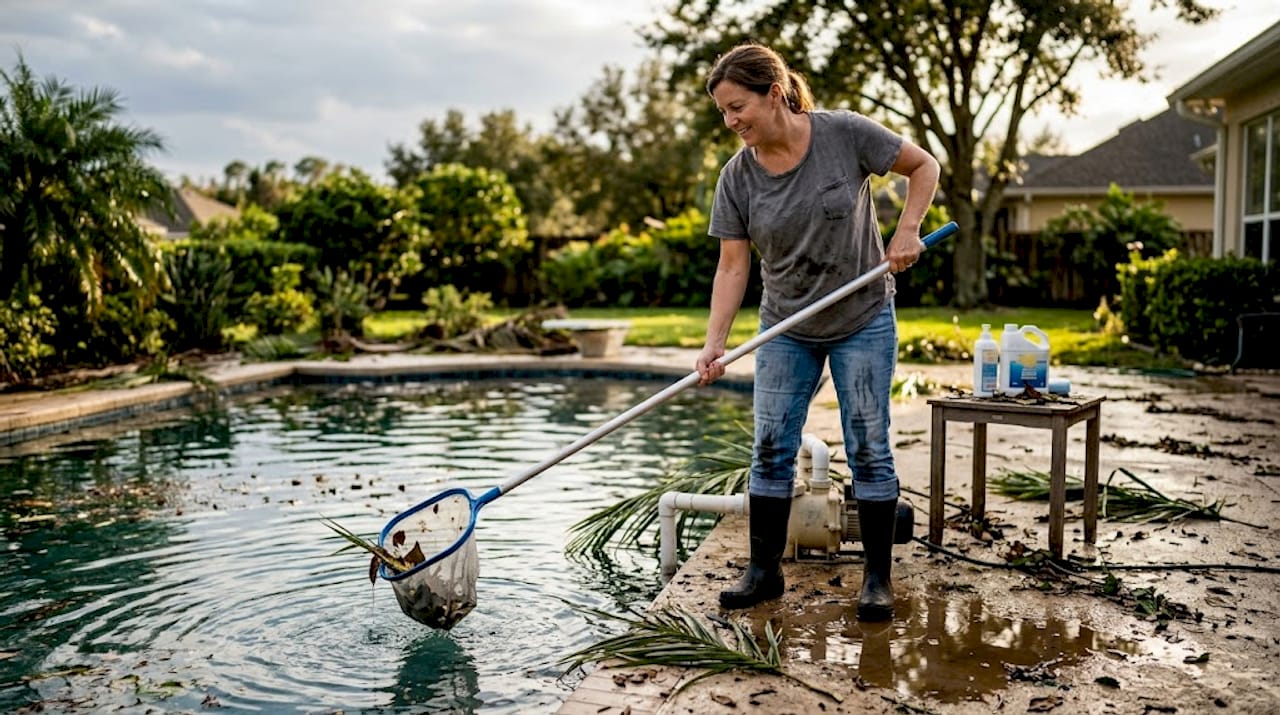 Person cleaning pool after storm debris
