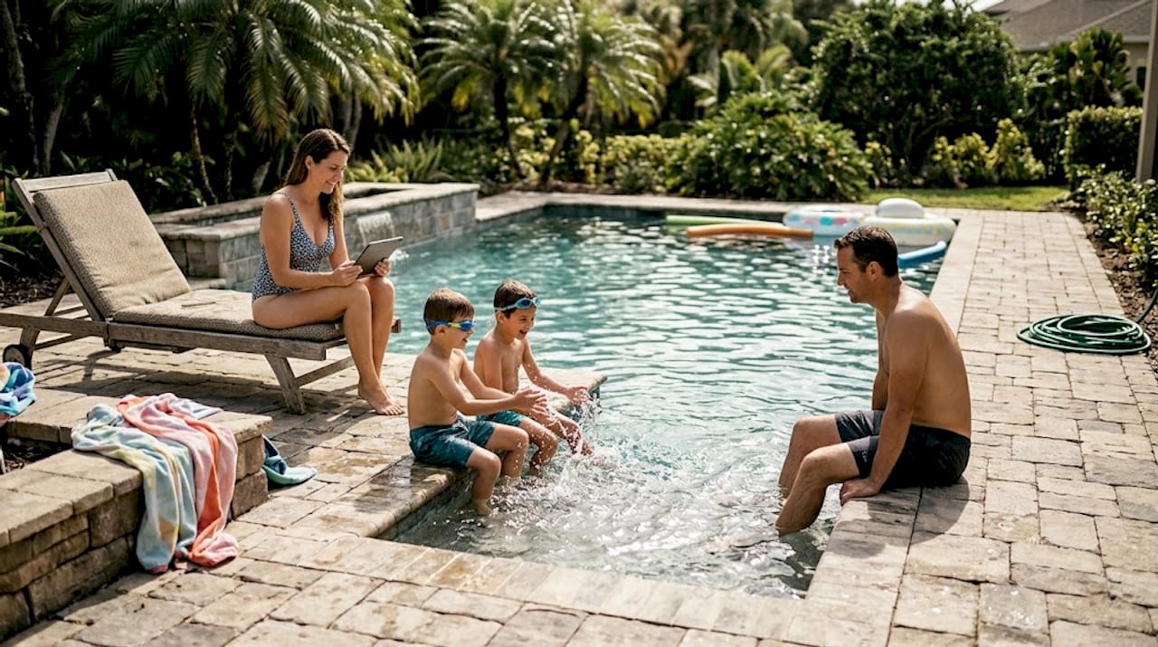 Shotcrete pools: durability, design, and lasting value 2 Family relaxing at custom shotcrete pool