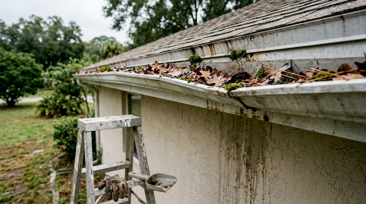 Clogged aluminum gutters with debris and rust