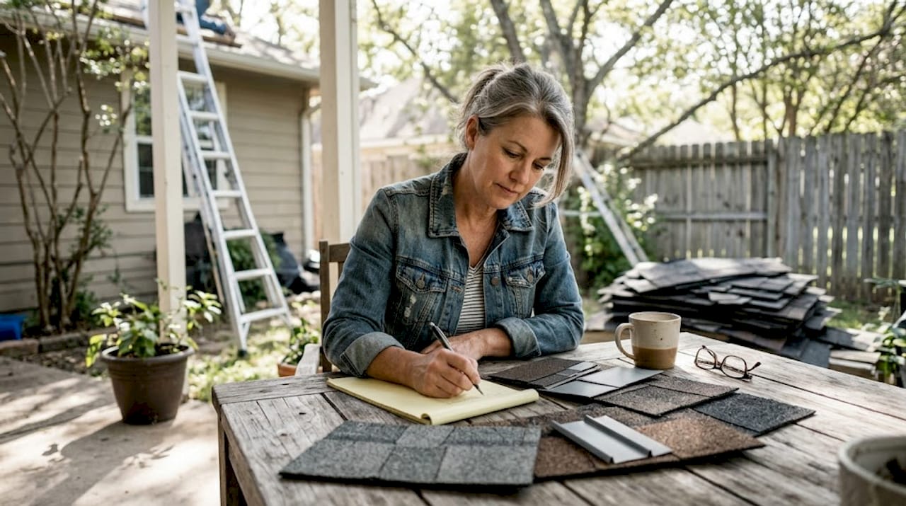 Homeowner comparing roofing material samples