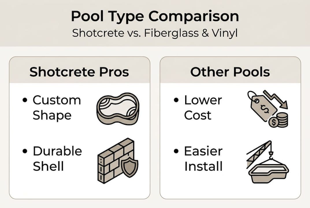 Shotcrete pools: durability, design, and lasting value 1 Infographic comparing shotcrete and other pool types