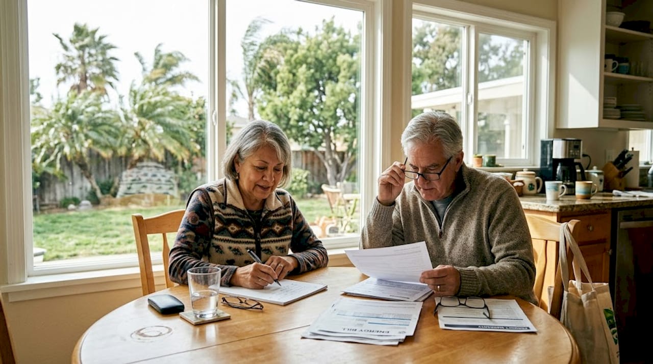 Couple reviewing energy bills after window upgrade