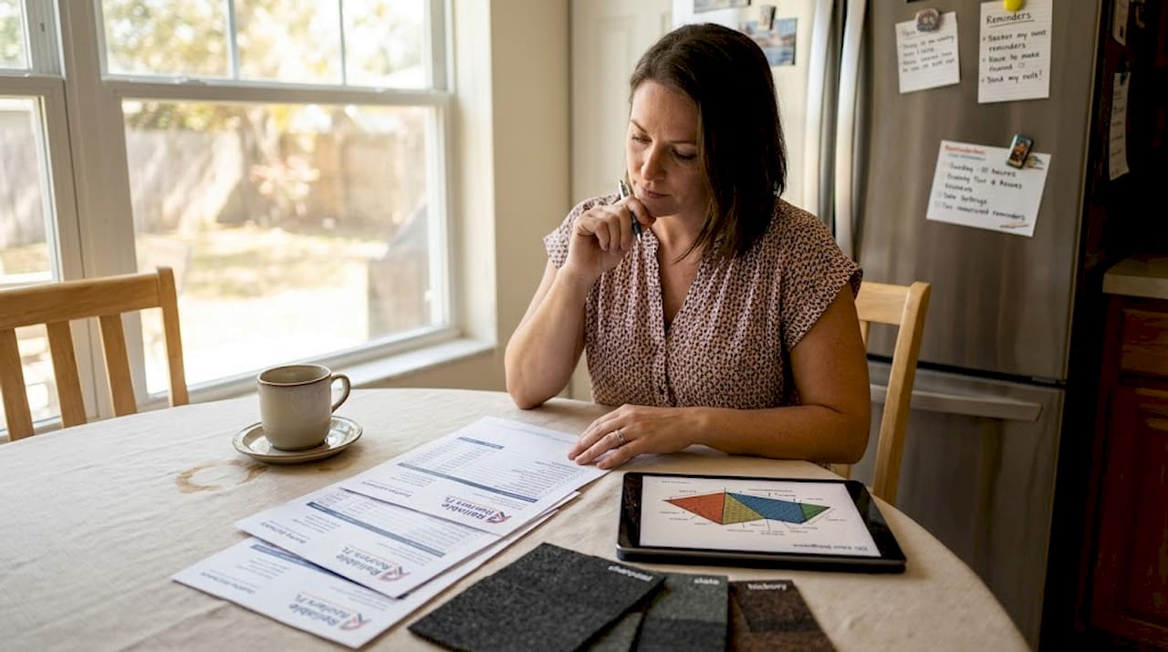 Homeowner reviewing roof overlay options