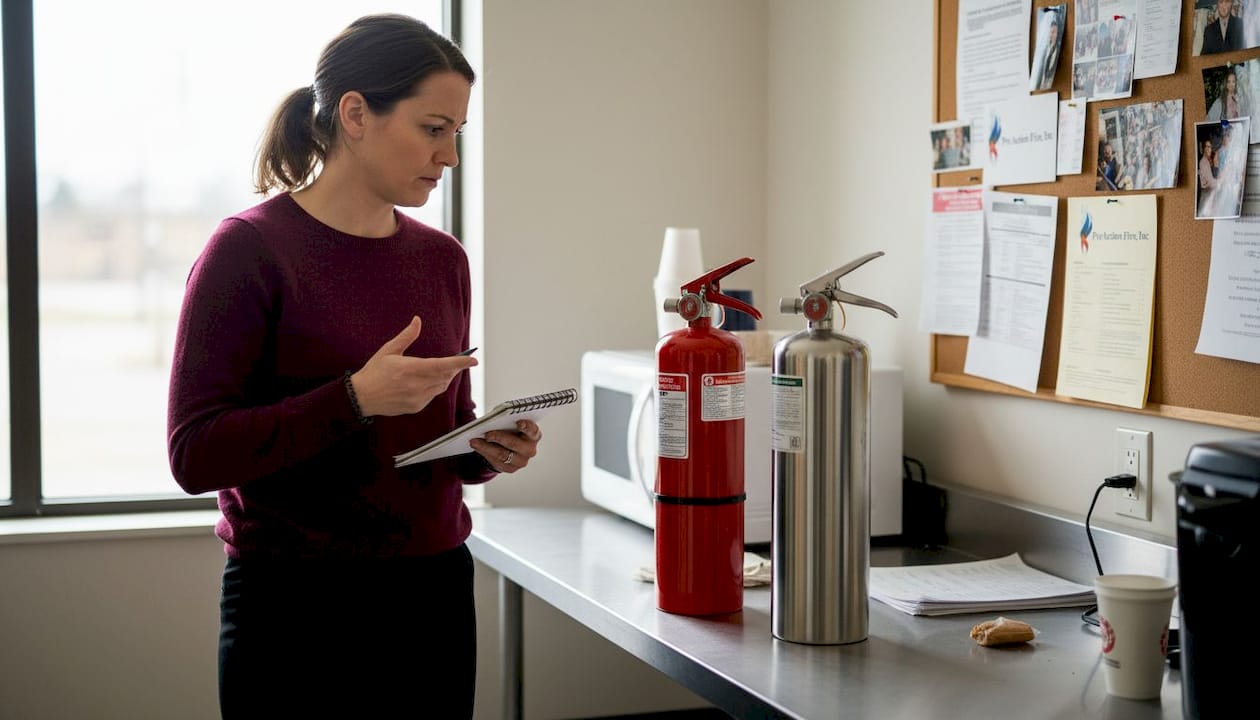 Woman comparing two fire extinguisher types