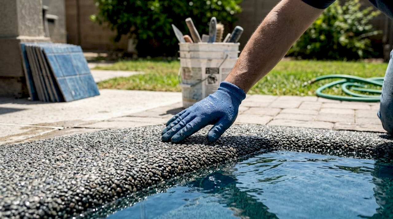 Contractor touches new pebble pool finish