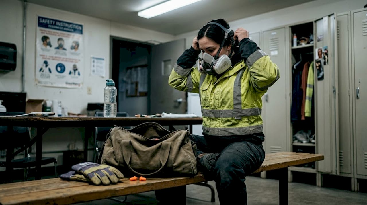 Worker preparing PPE before sandblasting