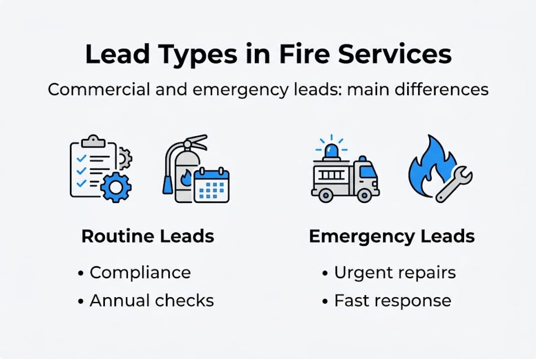 Lead types in fire services infographic showing routine leads for compliance and annual checks alongside emergency leads for urgent repairs and fast response, emphasizing differences for targeted advertising strategies.