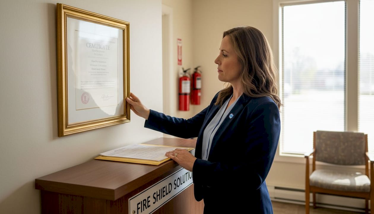 Woman in business attire examining a framed certification in a fire protection office, with fire extinguishers visible in the background, emphasizing trust and compliance in fire service advertising.