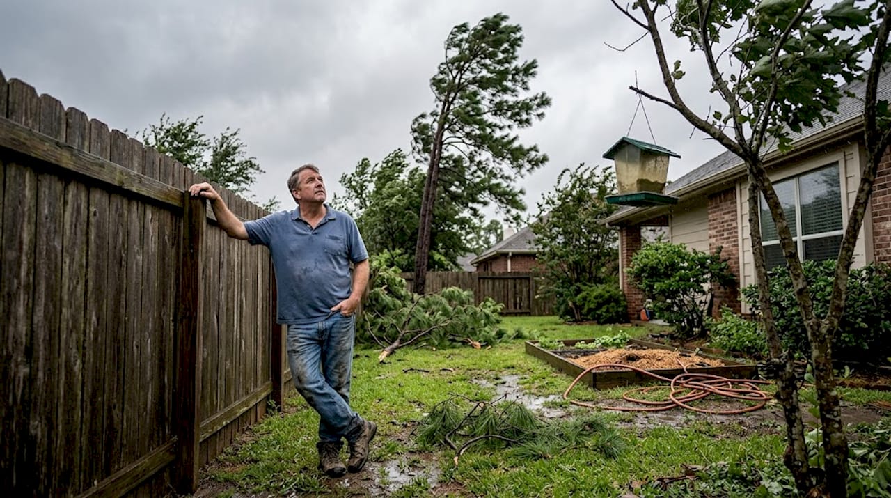 Homeowner surveys storm-damaged backyard tree