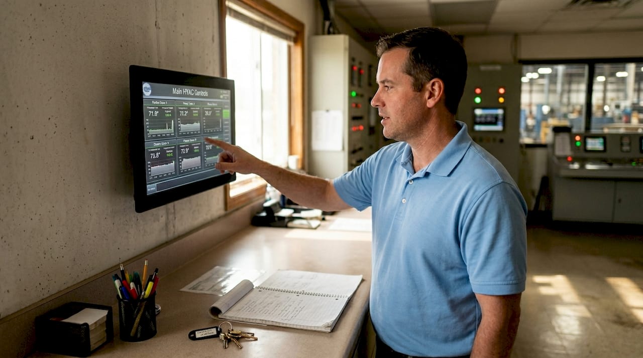 Manager reviewing building HVAC controls screen