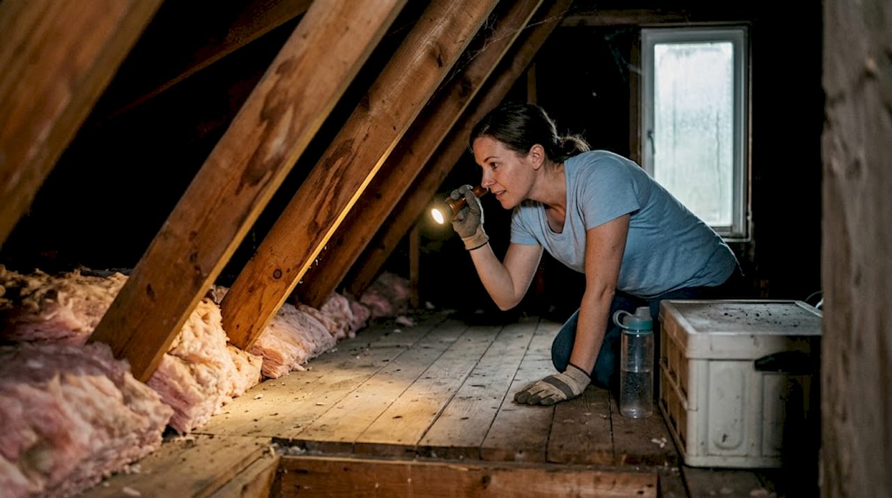 Woman inspecting attic beams for moisture damage