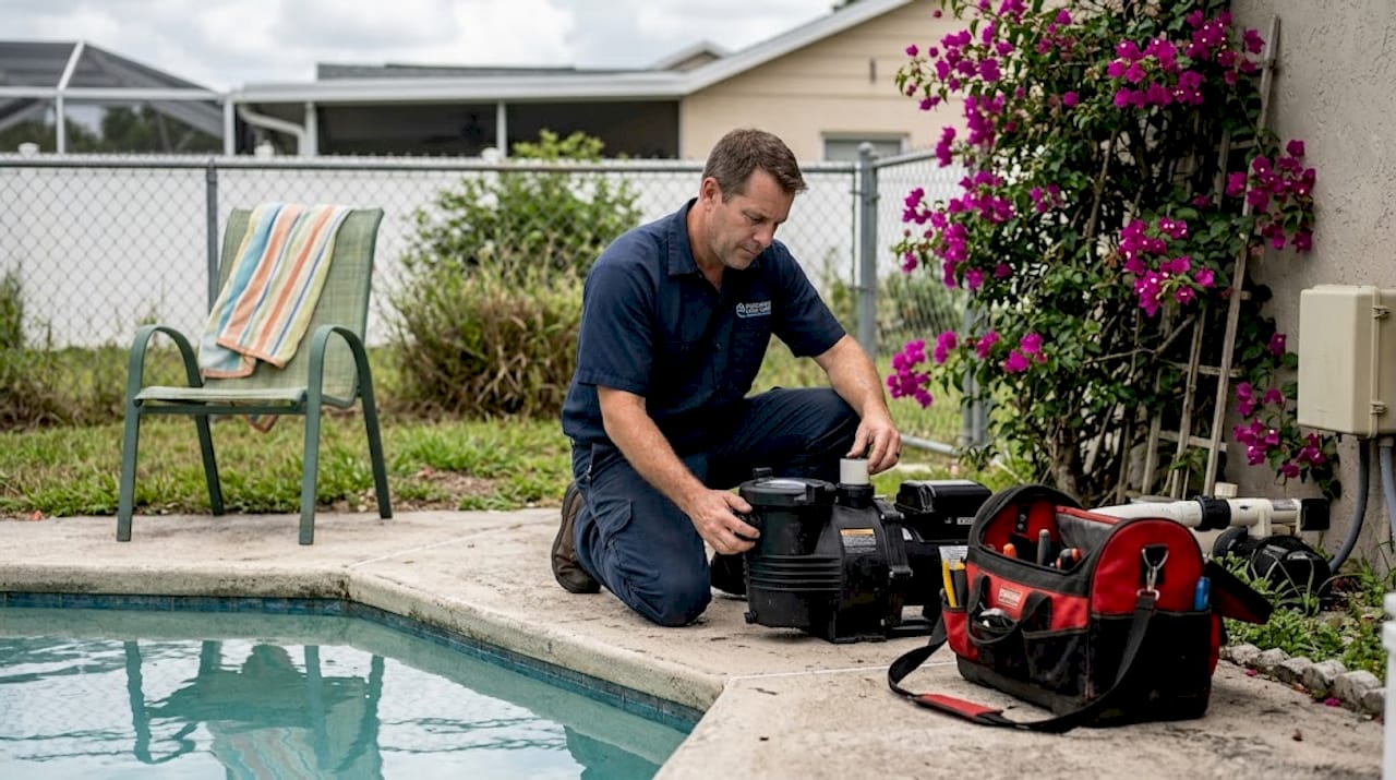 Technician checking pool equipment in Florida yard