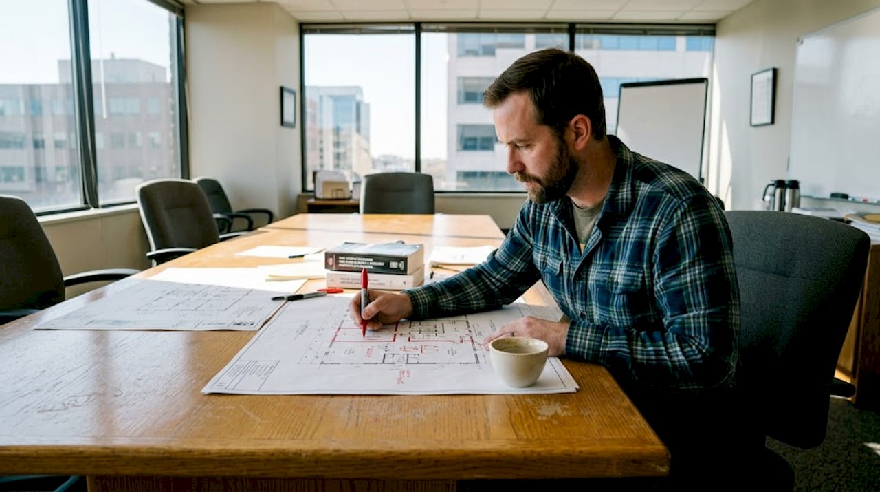 Consultant reviewing building zone floor plans