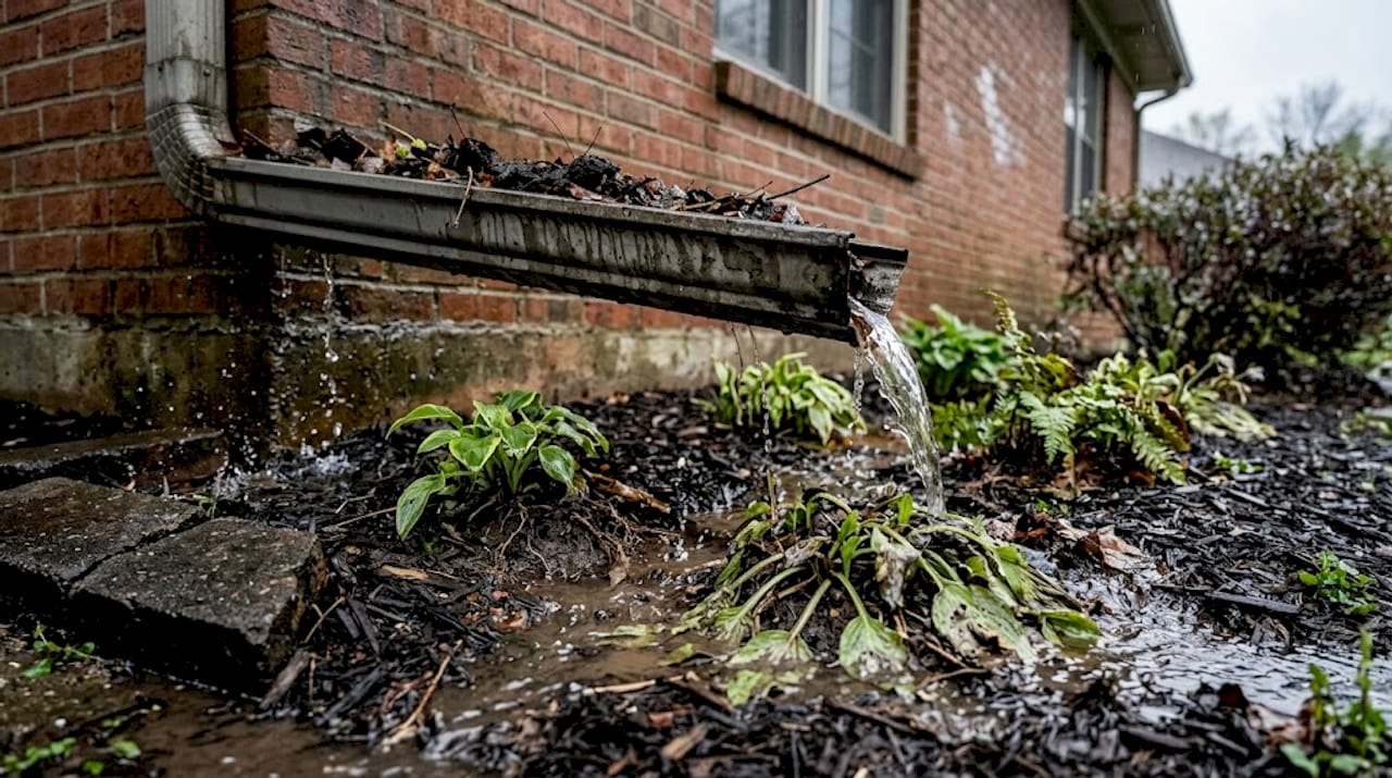 Rainwater spilling over clogged house gutter