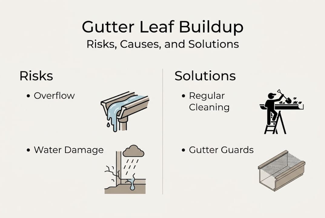 Infographic showing risks and solutions for gutter leaf buildup