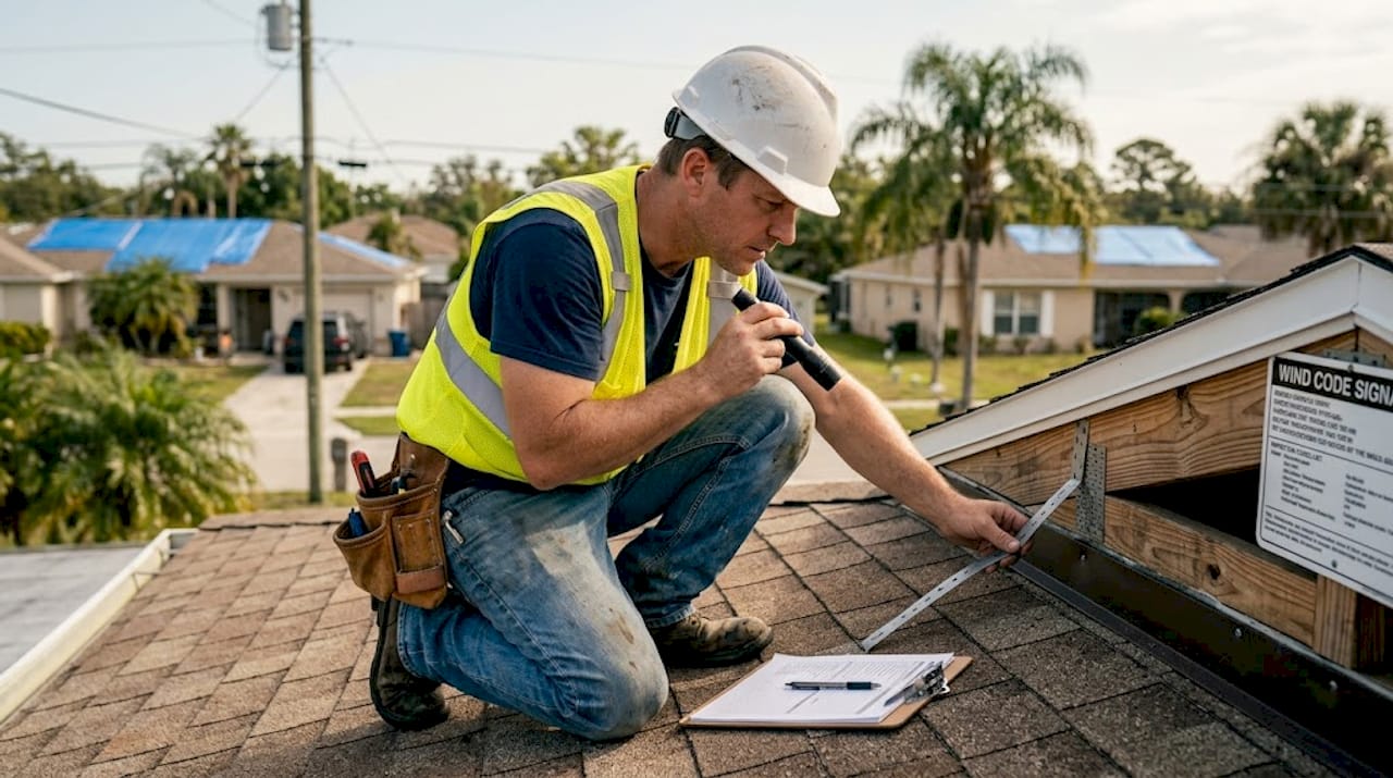 Inspector checking roof with safety equipment