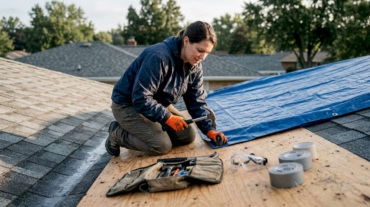 Woman safely performing emergency roof repair