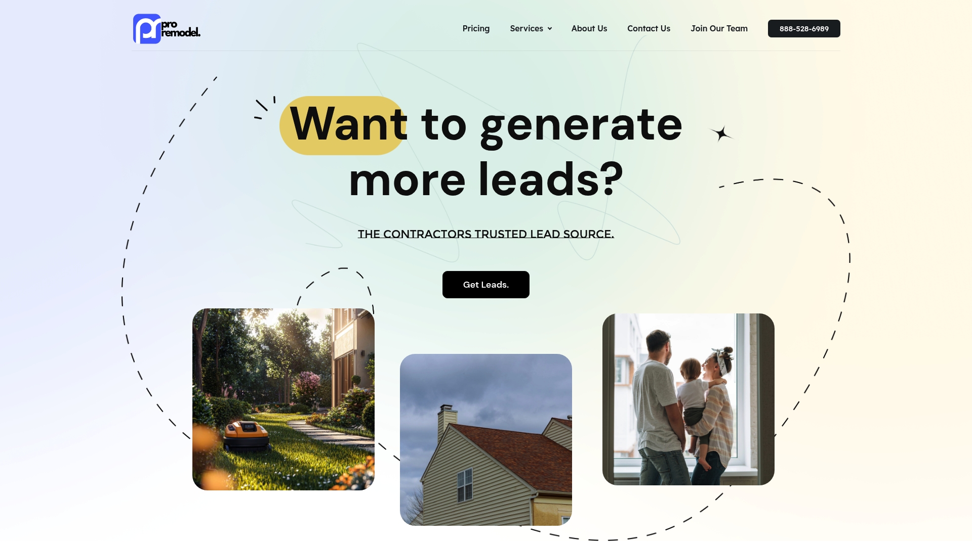 Pro Remodel website banner featuring a call to action for generating leads, with visuals of home improvement scenes and a family, emphasizing contractor-focused marketing services.