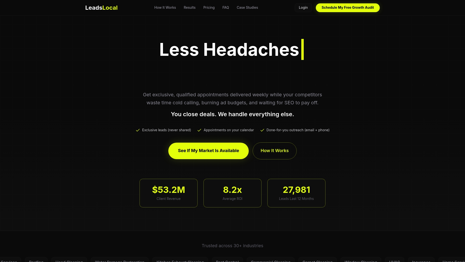 LeadsLocal promotional banner highlighting exclusive, qualified appointments for service businesses, emphasizing efficiency and lead generation solutions.