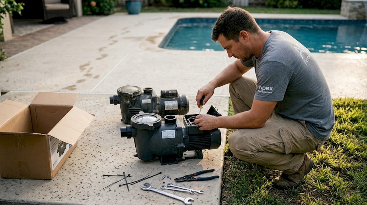 Technician upgrading home pool pump outdoors
