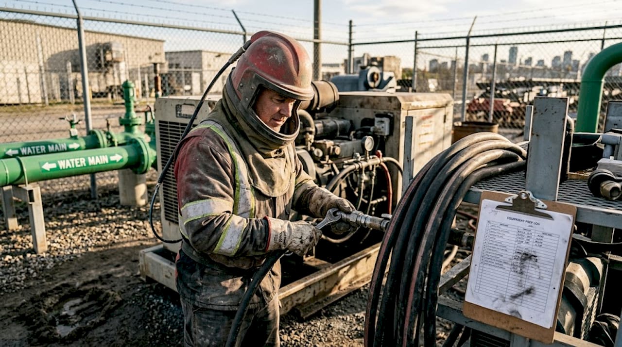 Technician inspecting sandblasting safety gear outdoors