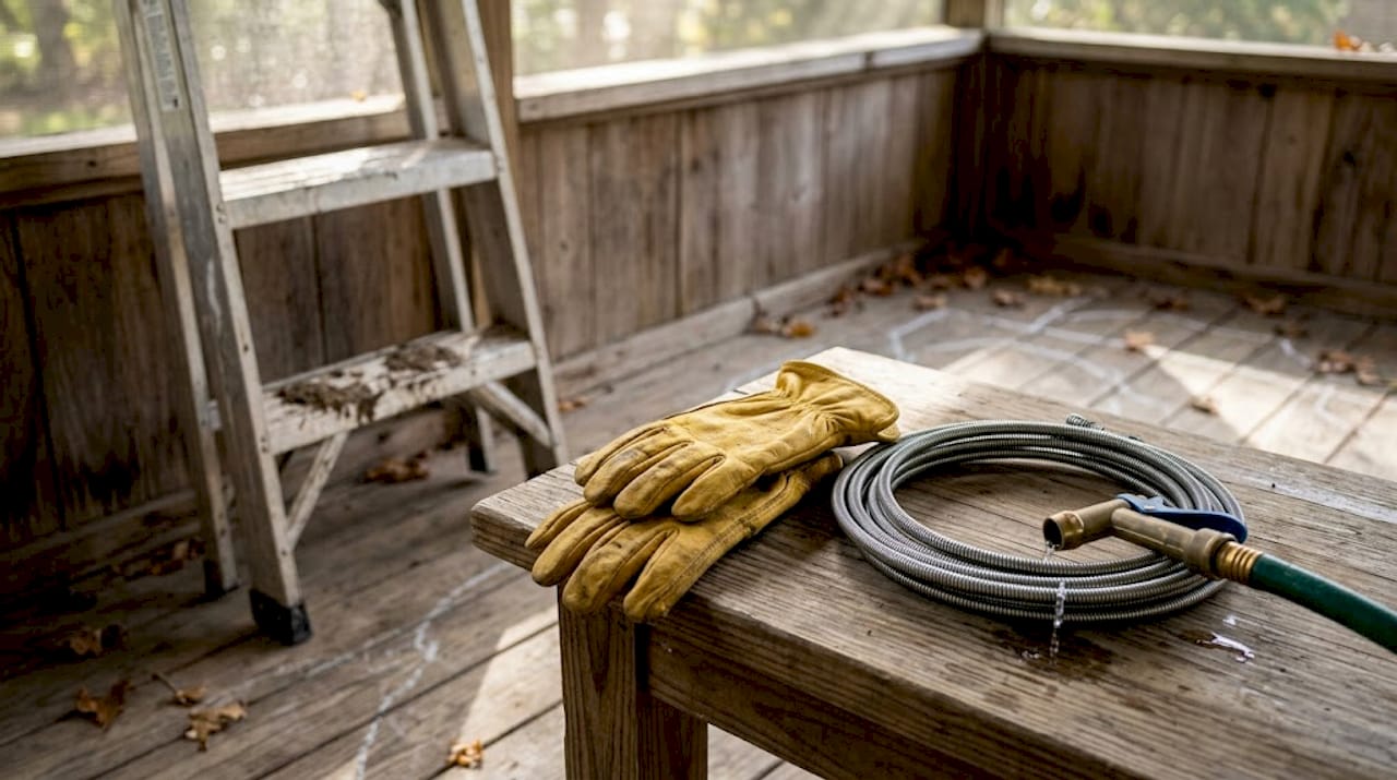 Gutter cleaning tools on messy table