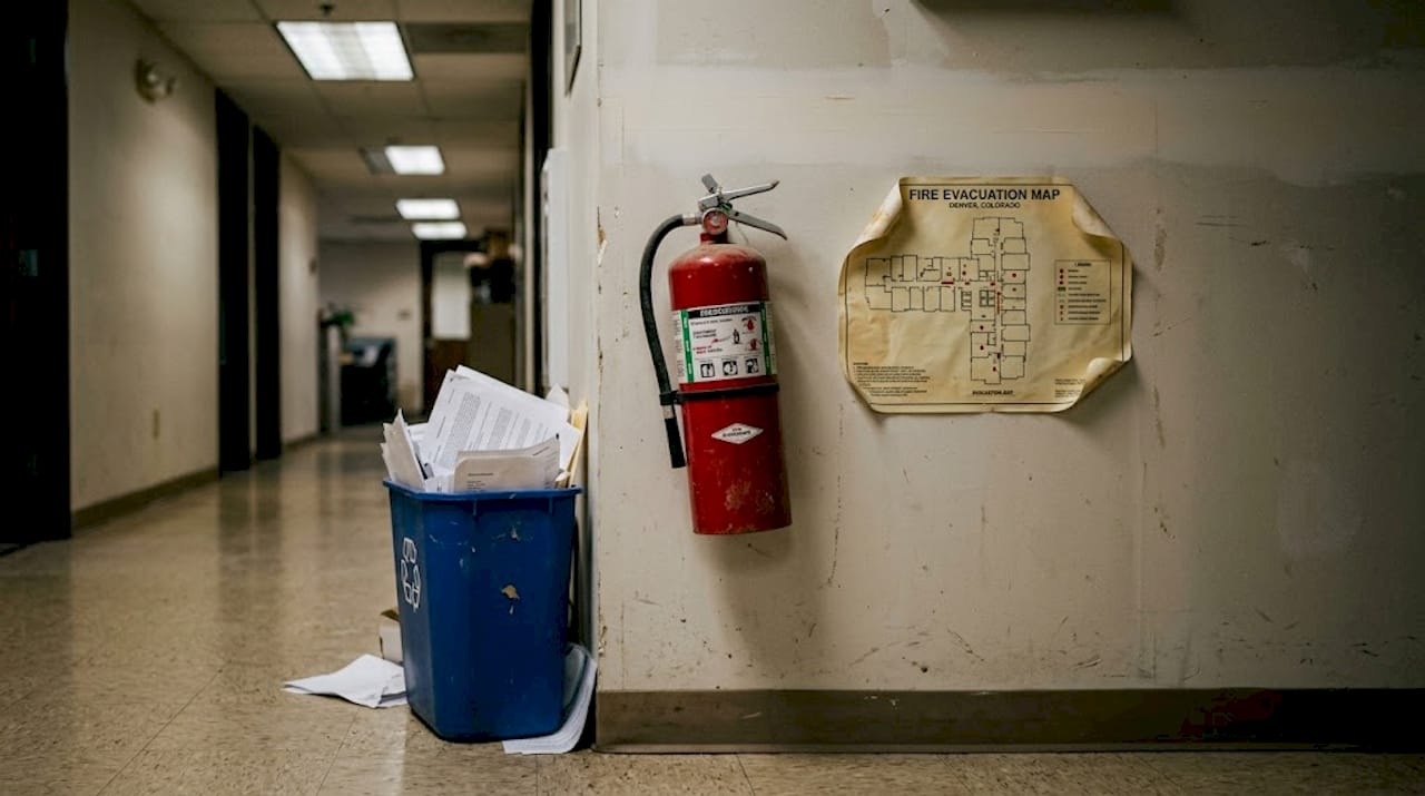 Neglected fire extinguisher on office corridor wall