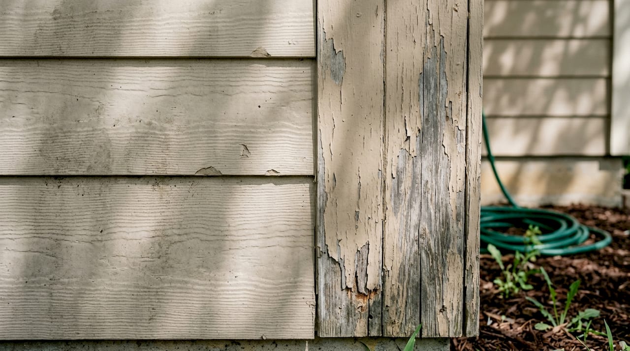Fiber cement siding closeup versus weathered wood