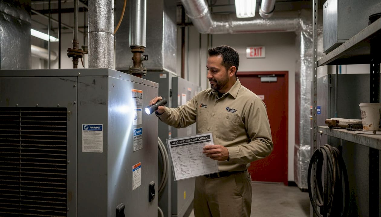 Clinic staff inspecting large air handling unit