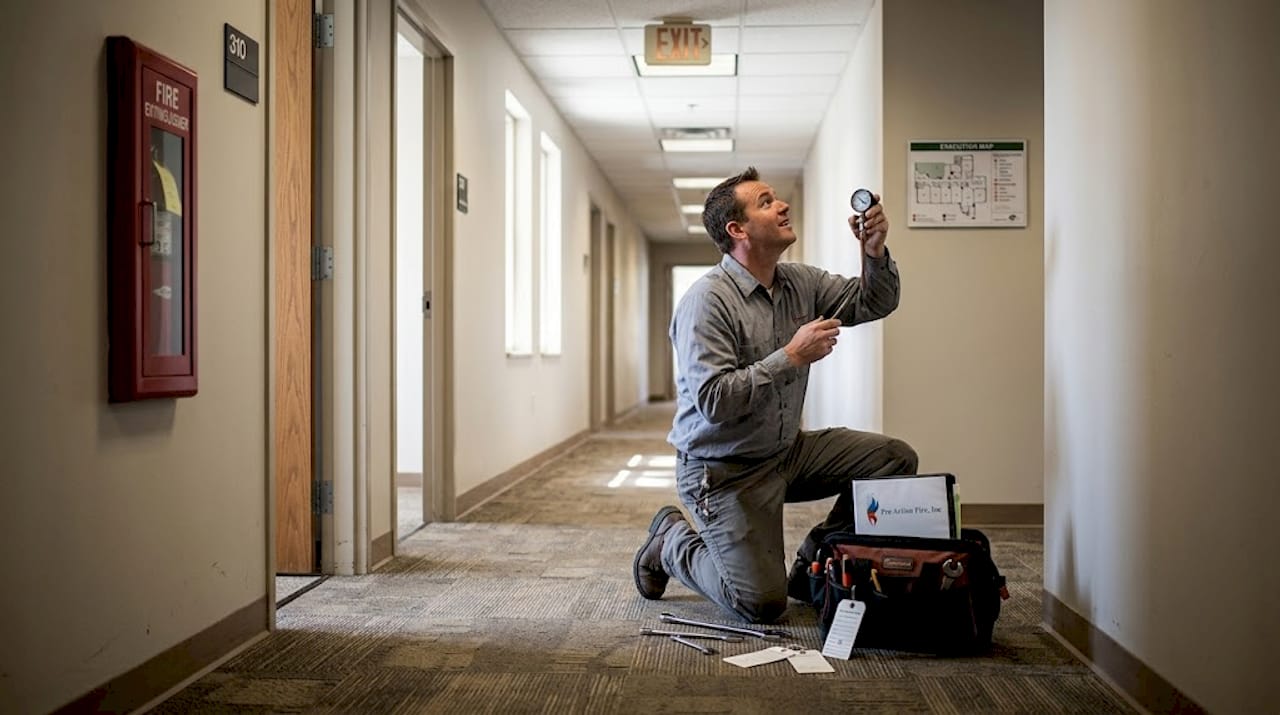 Maintenance worker checks fire safety equipment