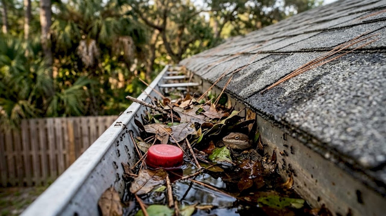 Clogged roof gutters with pests and debris