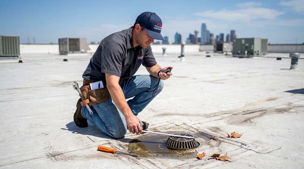 Technician measures flat roof drain flow