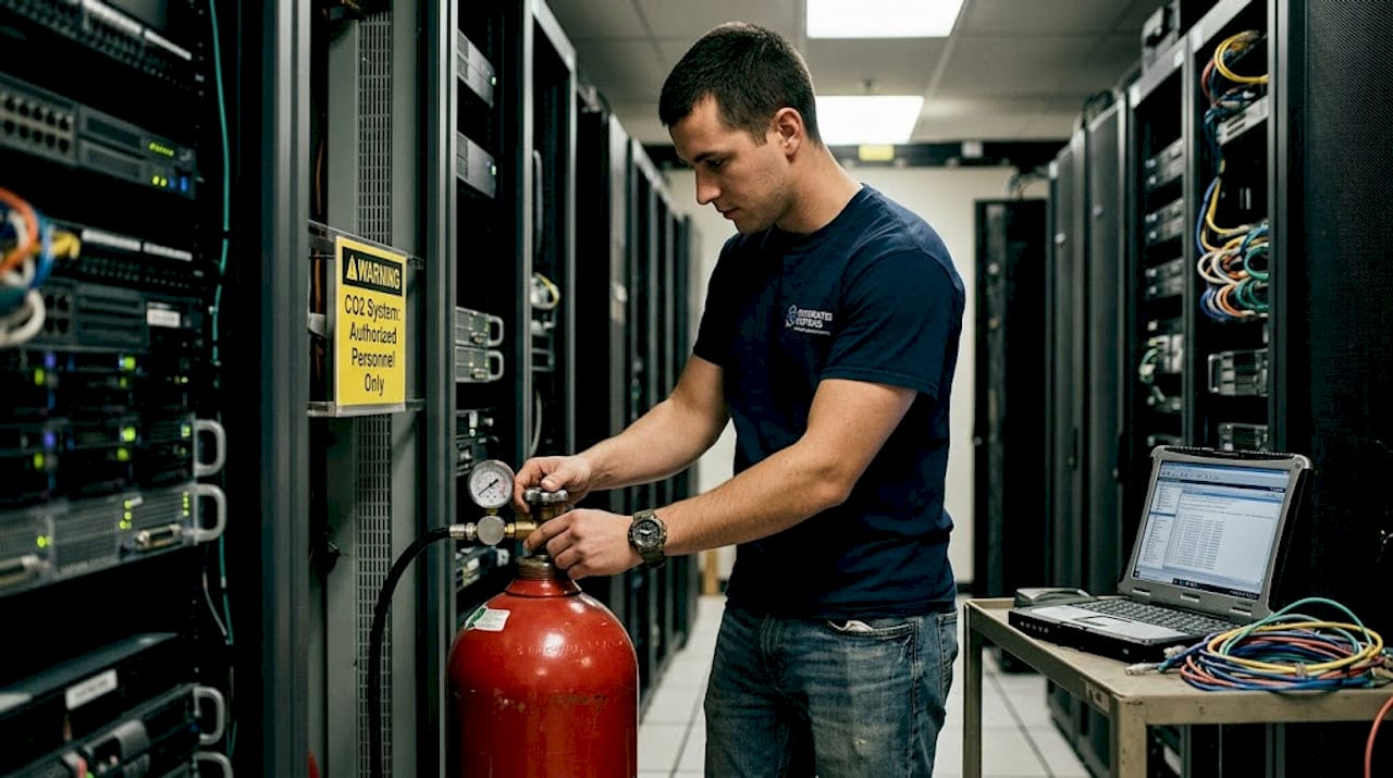 Technician checks CO2 suppression in server room