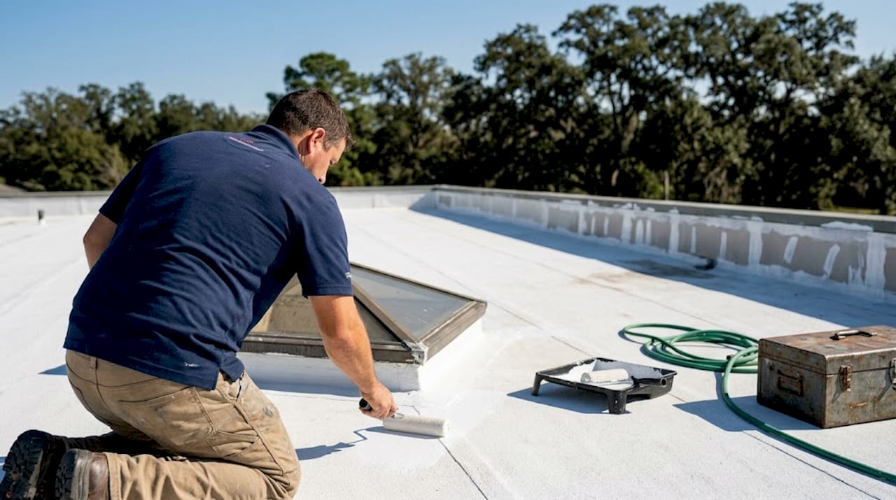 Worker applying white coating on flat roof